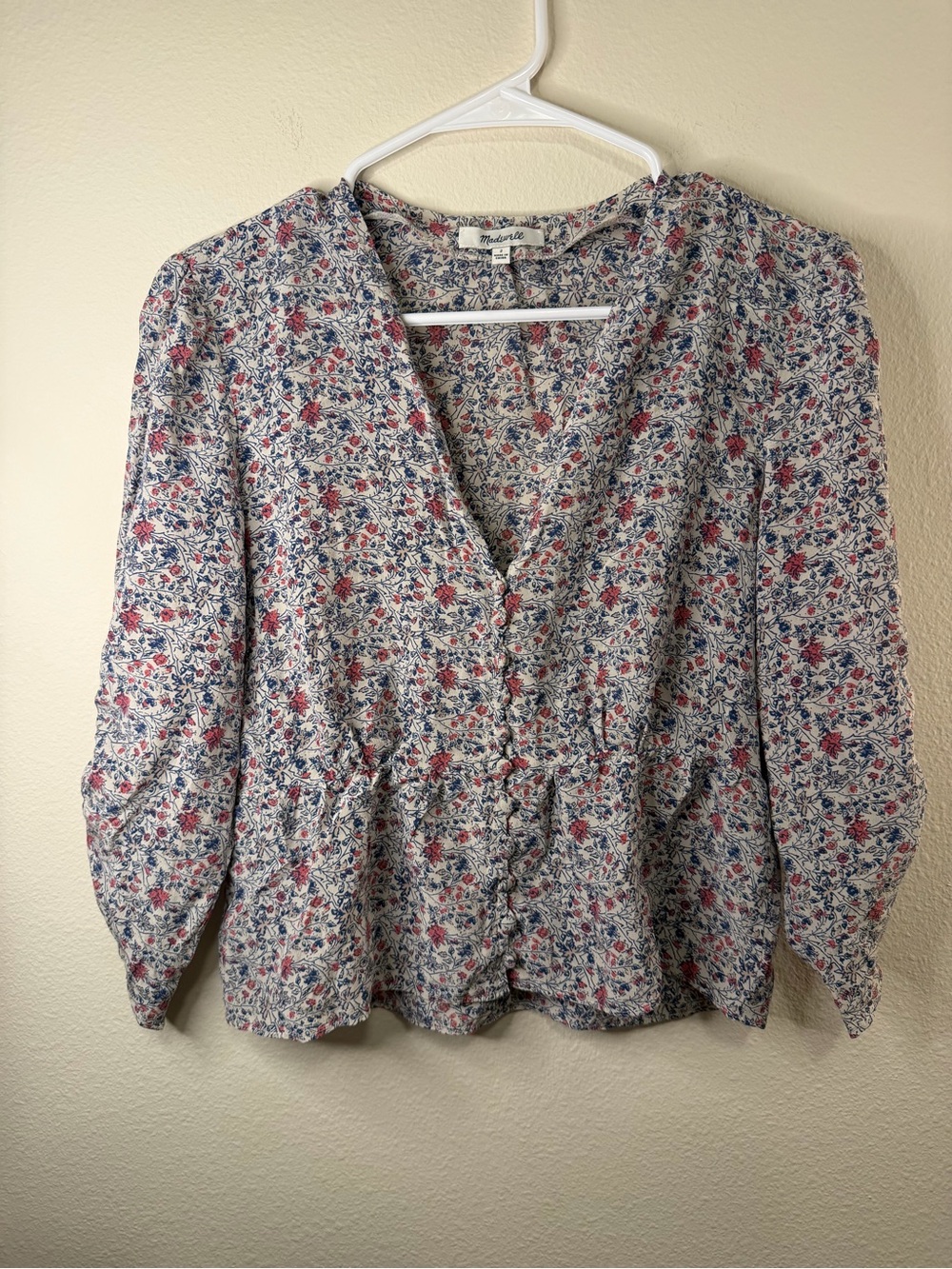 Madewell Cream Floral Button-Front Peplum Top with Pink & Blue Accents